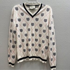 Gucci Tiger Sweater Size Small Argyle Off White Navy Red Authentic *small flaw*